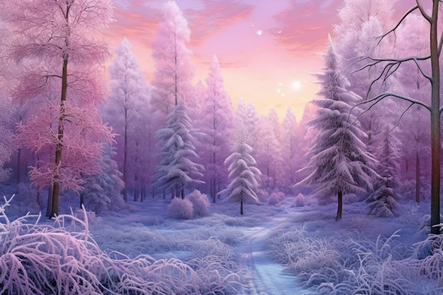 Ciel d'aube rose et violet sur la forêt d'hiver