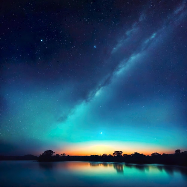 un ciel avec l'aurore boréale et une lune