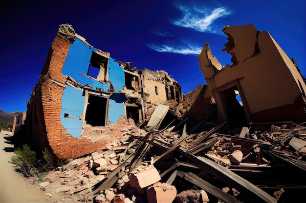 Ciel bleu au-dessus des bâtiments résidentiels en ruine après le tremblement de terre créé avec l'IA générative