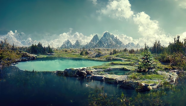 Ciel bleu au-dessus du lac de montagne des montagnes enneigées avec de l'herbe verte sur les rives des conifères