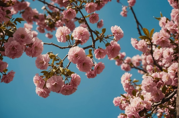 ciel bleu avec de belles et belles fleurs sur un arbre rose