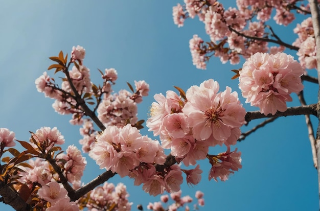 ciel bleu avec de belles et belles fleurs sur un arbre rose