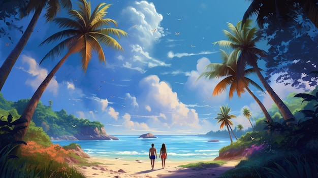 Ciel bleu calme avec l'océan plage couple charmant cocotiers feuilles vertes et bleues