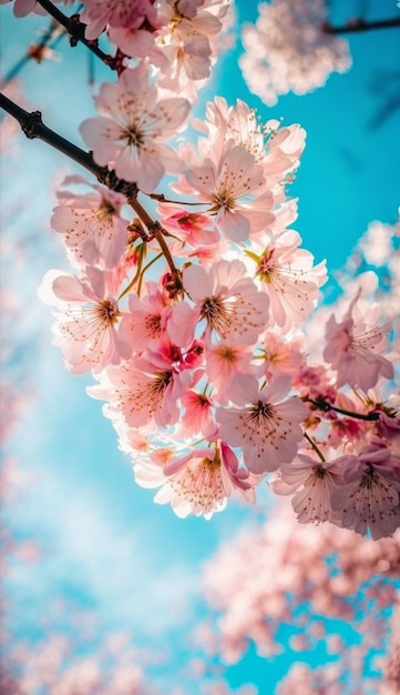Un ciel bleu avec un cerisier en fleurs