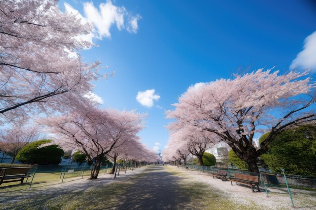 Ciel bleu clair et fleurs de cerisier fleurissent dans un parc créé avec une IA générative