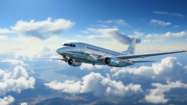 Photo un ciel bleu ensoleillé avec des nuages blancs et un avion au premier plan