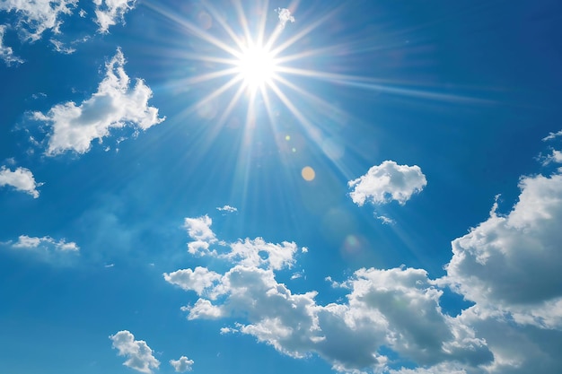 Photo un ciel bleu ensoleillé avec de petits nuages et des rayons de soleil brillants