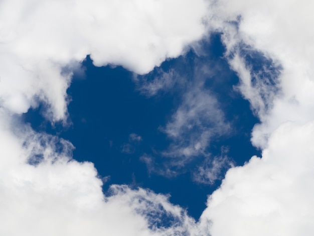 Ciel bleu avec espace négatif de nuages en forme de coeur