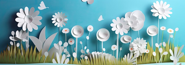 Ciel bleu fleurs blanches et nuages représentant une scène de Spring Generative AI