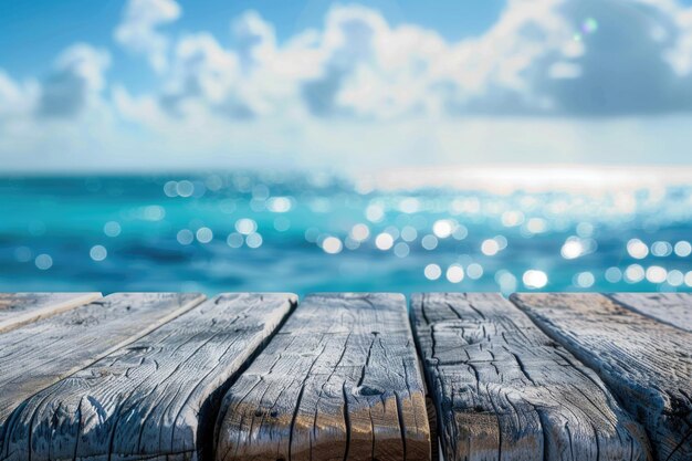 Ciel bleu flou et mer avec une lumière bokeh et un vieux fond de table en bois