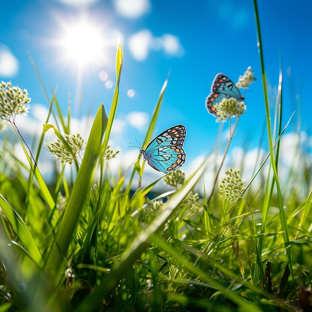 Photo le ciel bleu et l'herbe verte avec un papillon à la lumière douce