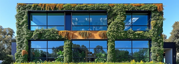 Le ciel bleu et le lierre vert couvrent une maison de bâtiment en verre