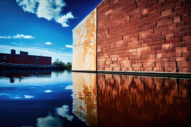 Un ciel bleu et un mur de briques industrielles avec un reflet dans l'eau