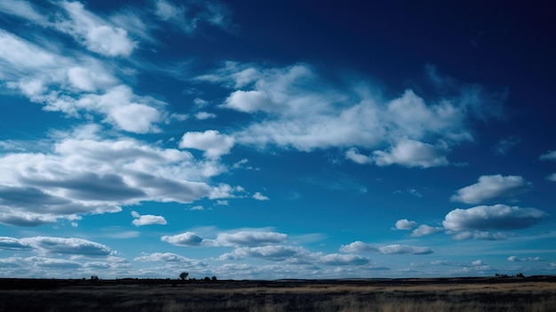 Un ciel bleu avec des nuages et un arbre au premier plan