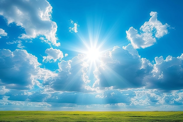 Le ciel bleu et les nuages blancs sur le champ vert