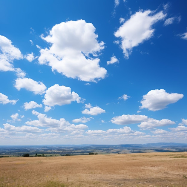 Le ciel bleu et les nuages blancs et moelleux au-dessus d'une vaste plaine herbeuse