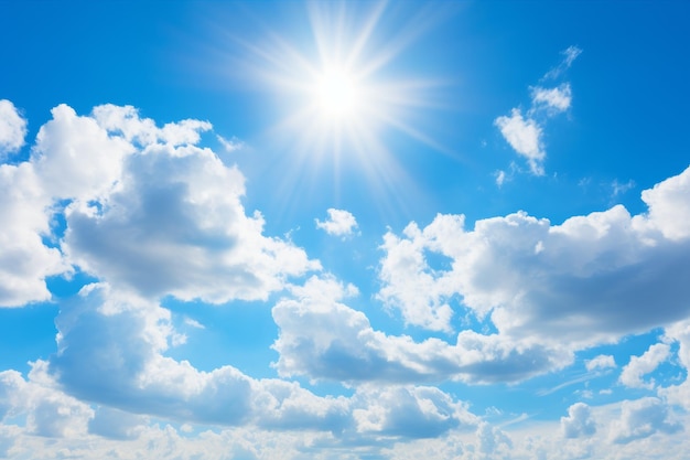 Un ciel bleu avec des nuages blancs et un soleil brillant