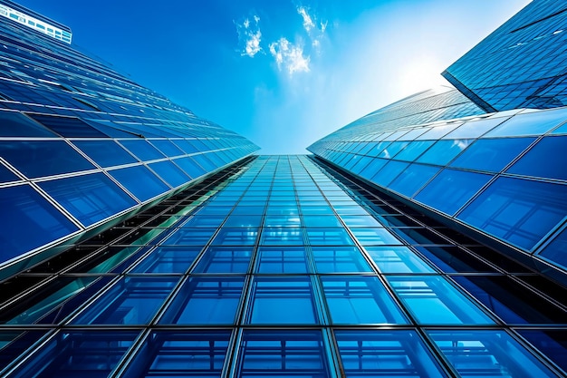 Le ciel bleu avec des nuages est vu à travers la fenêtre de verre du bâtiment