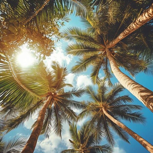 Ciel bleu et palmiers vue de dessous style vintage plage tropicale et fond d'été concept de voyage