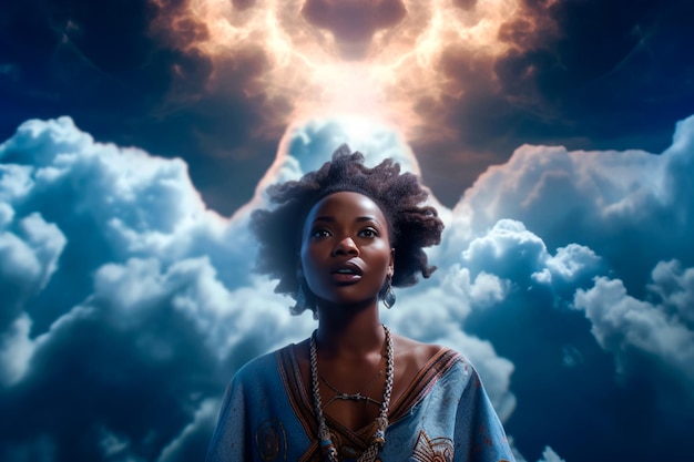 ciel bleu réaliste avec femme africaine faite de nuages avec un corps fait de nuages lumières époustouflantes