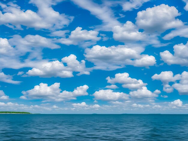 Un ciel bleu serein avec des nuages blancs et moelleux au-dessus de la mer calme capturant la beauté d'une journée paisible