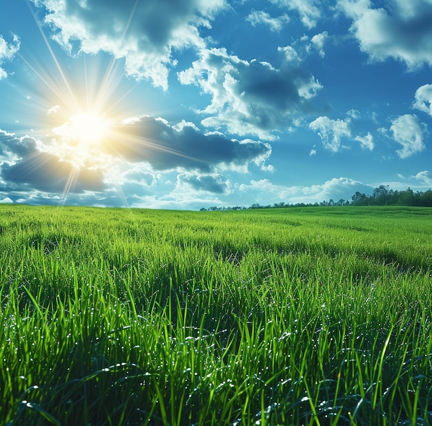 ciel bleu avec un soleil éclatant avec un champ d'herbe coloré dans le style de l'imagerie commerciale