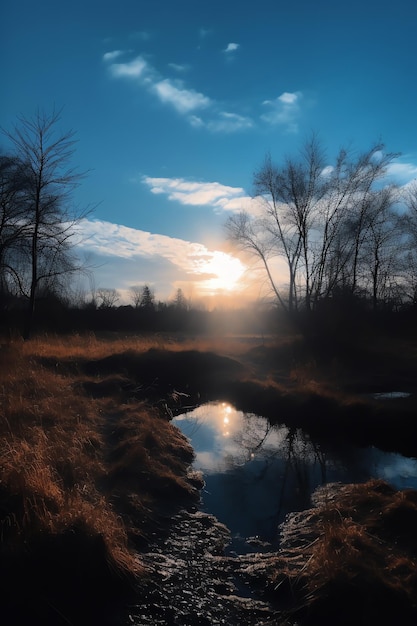 Un ciel bleu avec le soleil qui brille à l'horizon