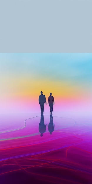 Un ciel coloré avec deux personnes marchant au premier plan