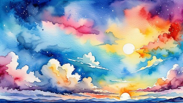 Un ciel coloré avec des nuages Peinture à l'aquarelle