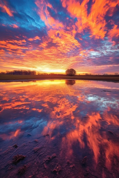 Ciel coucher de soleil coloré avec des formations nuageuses contrastées créées avec une IA générative