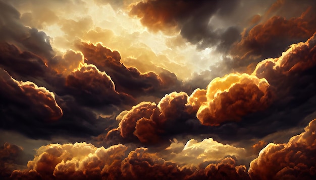 Ciel coucher de soleil dramatique fougueux Couleurs colorées de l'aube Incroyable beauté Un beau fond de nature abstraite Illustration 3d