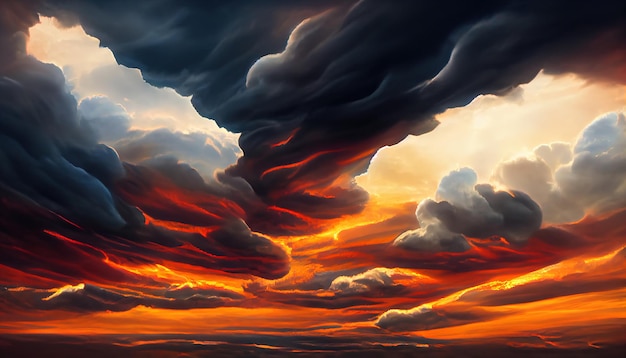 Ciel coucher de soleil dramatique sombre ardent Couleurs colorées de l'aube Incroyable beauté Un fond de nature abstraite belle et colorée Illustration 3d