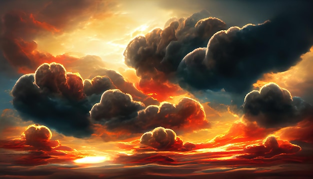 Ciel de coucher de soleil dramatique sombre orange ardent Couleurs colorées de l'aube Incroyable beauté Un fond de nature abstraite belle et colorée Illustration 3d