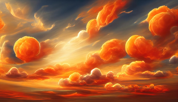 Ciel coucher de soleil nuageux dramatique orange ardent Couleurs colorées de l'aube Incroyable beauté Un fond de nature abstraite belle et colorée Illustration 3d