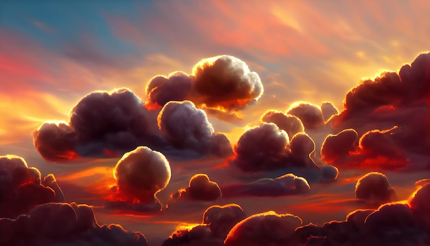 Ciel coucher de soleil nuageux dramatique orange ardent Couleurs colorées de l'aube Incroyable beauté Un fond de nature abstraite belle et colorée Illustration 3d