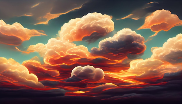 Ciel coucher de soleil nuageux dramatique orange ardent Couleurs colorées de l'aube Incroyable beauté Un fond de nature abstraite belle et colorée Illustration 3d