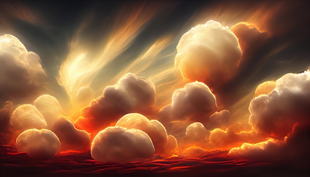 Ciel coucher de soleil nuageux dramatique orange ardent Couleurs colorées de l'aube Incroyable beauté Un fond de nature abstraite belle et colorée Illustration 3d