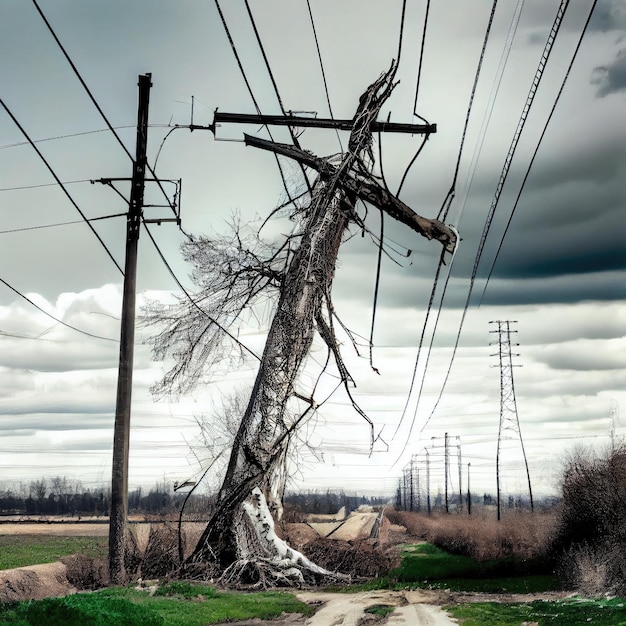 Ciel couvert avec rupture de ligne électrique à haute tension et arbre abattu