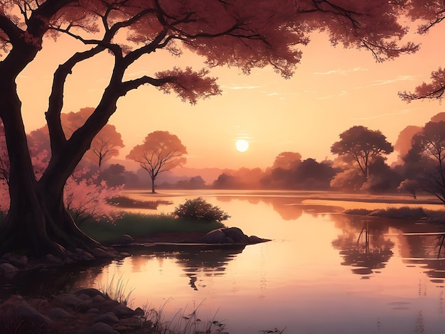 Ciel du soir coucher de soleil sur un lac de montagne au-dessus de l'eau avec des arbres devant AI généré