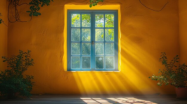 Le ciel ensoleillé projette les ombres du cadre de la fenêtre sur le mur jaune.