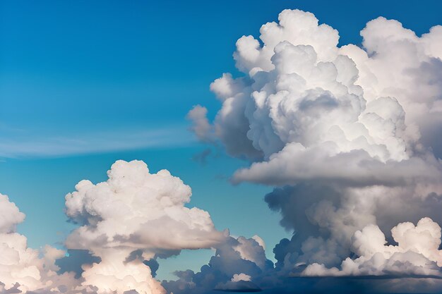 Le ciel est bleu et les nuages blancs.