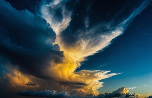 Un ciel éthérique peint en jaune et bleu, tacheté d'étoiles.