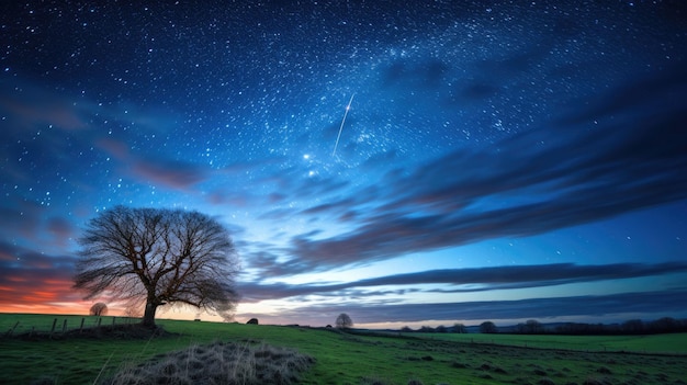 un ciel étoilé avec un arbre et un champ avec un ar bre au premier plan.