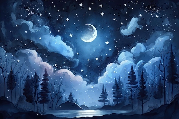 Ciel étoilé au clair de lune la nuit Aquarelle