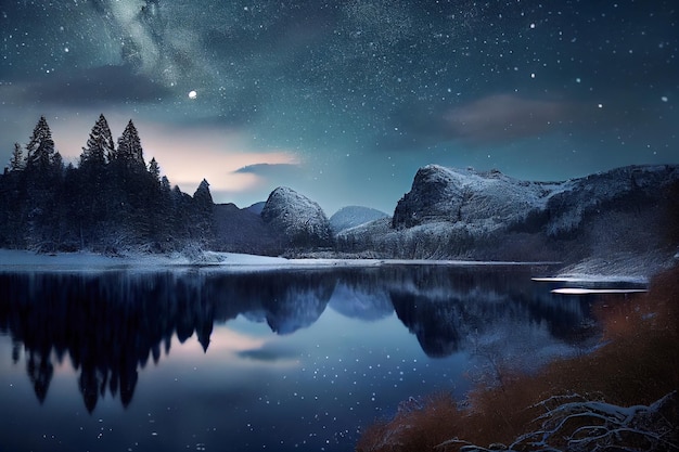 Ciel étoilé au-dessus du lac en illustration 3d de paysage d'hiver AI générative