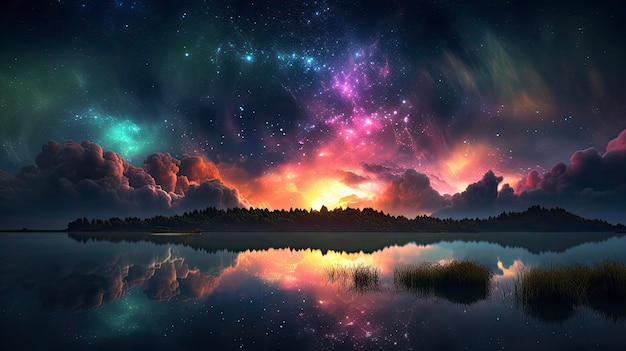 Un ciel étoilé au-dessus d'un lac avec un ciel violet et bleu et un reflet des étoiles.
