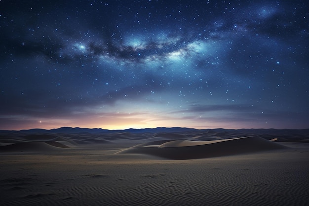 Un ciel étoilé au-dessus d'un vaste désert éclairé crée une atmosphère apaisante et calme.
