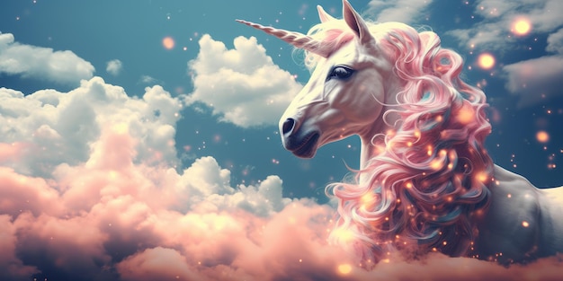 Un ciel étoilé fantastique, des nuages moelleux et une licorne magique.