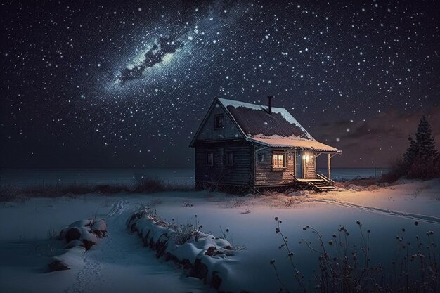 Ciel étoilé hiver petite maison moutanse