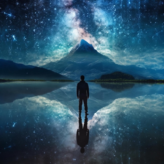 Ciel étoilé avec un homme debout devant un lac ai génératif